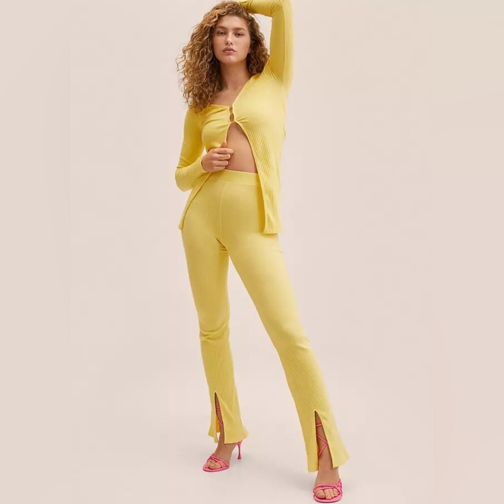 MNG Women Knitted Co-ord Pull On Flare Yellow Side Slit Trousers